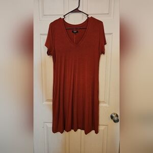 Zenana Premium V-Neck T-Shirt Dress Rust Orange Pockets